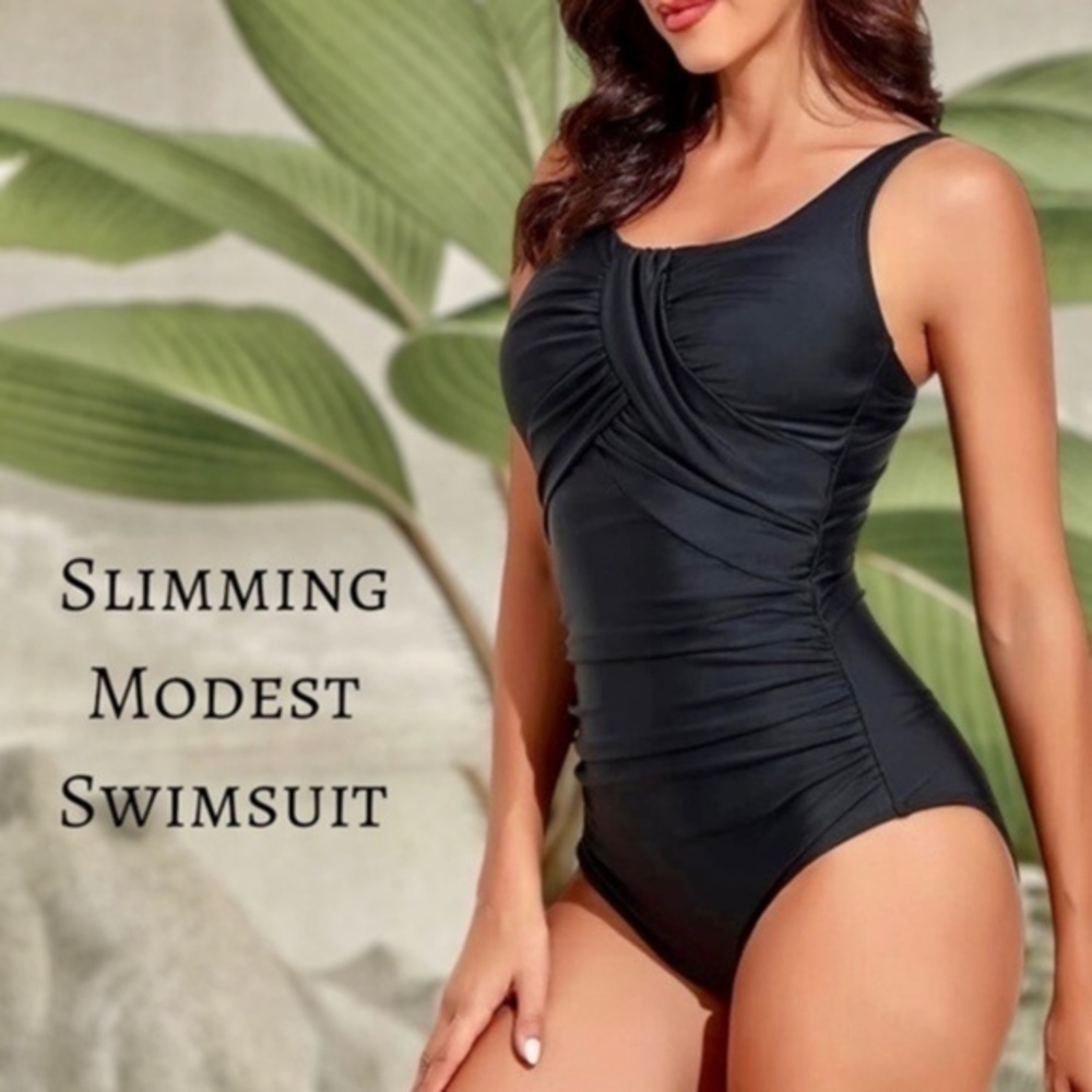 Retro Modest Ruched Push Up Curvy Slimming One Piece Swimsuit-Black/Lg/NWT